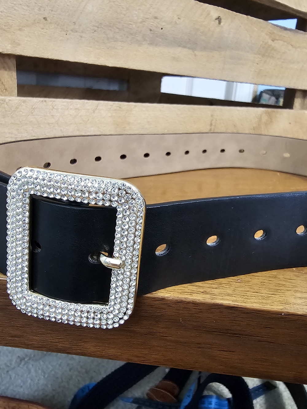 Black Wide Belt w/ Sparkly Rhinestone Crystal Buckle (Fits 28-36") - Picture 2 of 2